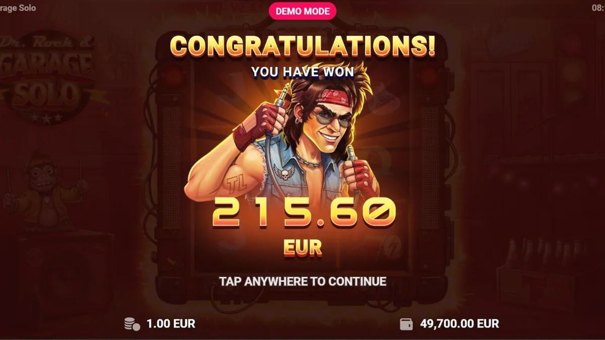 Dr. Rock & Garage Solo slot machine interface com tema de rock