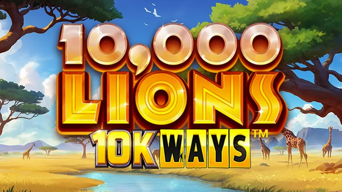 Interface do jogo de slot 10,000 Lions 10K Ways com leões e elementos visuais imponentes.