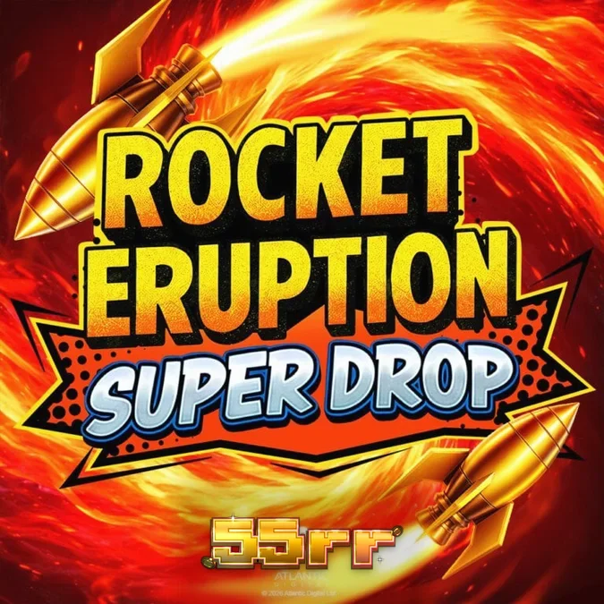 Interface do jogo Rocket Eruption Super Drop com temática vulcânica